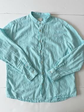 Dan John Shirt Men 2XL Italy Teal Linen Blend Long Sleeve Band Collar Button Up